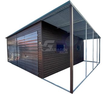 Blechgarage 7x6m + Überdachung 1,6m - 2x Zweiflügeliges Tor - 2x PVC Kippfenster - Holzoptik - Flachdach ID936