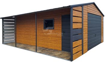 Blechgarage 4x5m + Überdachung 1m - Tür - PVC Kippfenster - Holzoptik - Anthrazit - Satteldach | ID988 |