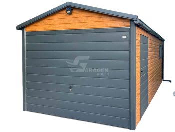 Blechgarage 3x6m - Schwingtor - Tür - PVC Kippfenster - Helles Walnussholz - Holzoptik - Anthrazit - Dachrinnen - Satteldach ID696