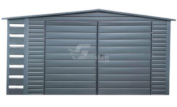 Gartenhaus - Gartenschuppen 4x3m + Überdachung 0,5m - Zweiflügeliges Tor - Anthrazit - Flachdach GP455