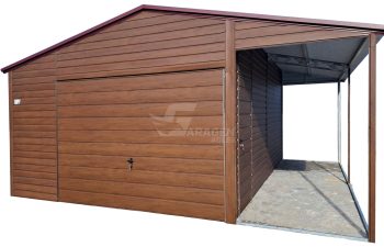 Blechgarage 4x6m + Überdachung 1,5m - Schwingtor - Tür - Holzoptik - Satteldach ID982