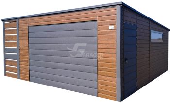 Blechgarage 4,5x6m + Überdachung 1m - Schwingtor - Tür - PVC Kippfenster - Holzoptik - Dachrinnen - Flachdach ID980