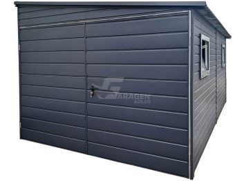 Blechgarage 3x6m - Zweiflügeliges Tor - 2x PVC Kippfenster - Anthrazit - Dach: Neigung nach rechts | ID754 |