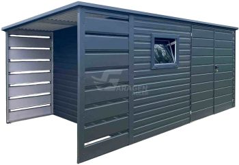 Gartenhaus - Gartenschuppen 4x2,5m + Überdachung 1m - Zweiflügeliges Tor - PVC Kippfenster - Anthrazit - Flachdach | GP567 |