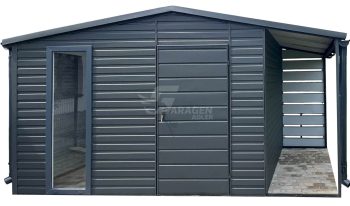 Gartenhaus - Gartenschuppen 4x4m + Überdachung 1m - PVC Kippfenster - Tür - Anthrazit - Dachrinnen - Satteldach | GP568 |