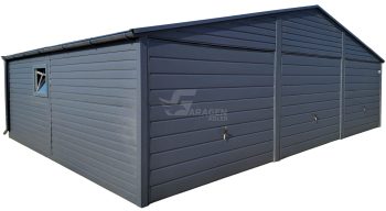 Blechgarage 9x6m - 3x Schwingtor - PVC Kippfenster - Anthrazit - Dachrinnen - Satteldach | ID972 |