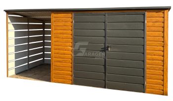 Gartenhaus - Gartenschuppen 3x2m + Überdachung 1,5m - Zweiflügeliges Tor - Holzoptik - Flachdach | GP559 |