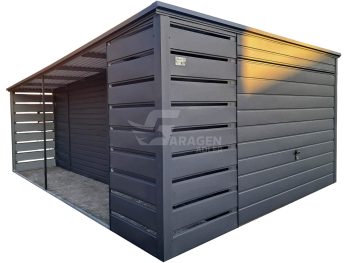 Blechgarage 3x6m + Überdachung 1m - Schwingtor - Tür - Anthrazit - Flachdach | ID965 |