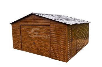 Blechgarage  5x6m Schwingtor - Dunkles Walnussholz - Holzoptik - Metalldachziegel - Satteldach GP99