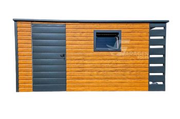 Gartenhaus - Schuppen 4,5x2m + Überdachung 0,5m - Zweiflügeliges Tor - PVC Kippfenster - Helles Walnussholz - Holzoptik - Anthrazit - Flachdach | GP383 |