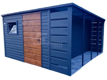 Gartenhaus - Schuppen 3x4m + Überdachung 1m - Tür - PVC Kippfenster - Dachrinnen  - Helles Walnussholz - Holzoptik - Anthrazit - Flachdach | ID538 |