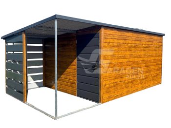 Gartenhaus - Gartenschuppen 4x3m + Überdachung 1,5m - Tür - Helles Walnussholz - Holzoptik - Anthrazit - Flachdach | ID557 |