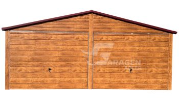 Blechgarage 6x6m -2x Schwingtor - 2x PVC Kippfenster - Helles Walnussholz -  Holzoptik - Satteldach | ID552 |