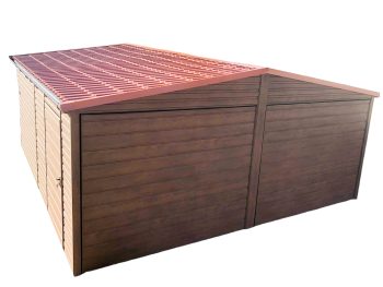 Blechgarage 6m x 6m - 2x Schwingtor + Zusätzliche Tür - Holzoptik - Satteldach GP111