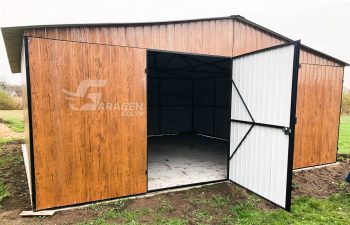 Blechgarage 6x6m Zweiflügeliges Tor - Holzoptik - Satteldach - GP115