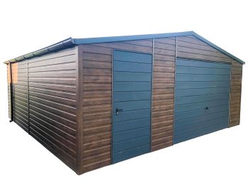 Blechgarage 6x6m -Schwingtor + Zusätzliche Tür Anthrazit 2x PVC Kippfenster + Dachrinnen - Holzoptik - Satteldach GP119