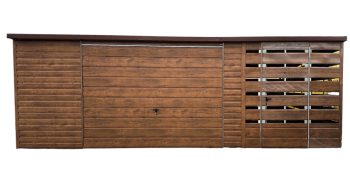 Blechgarage 5x6m Überdachung 2x6 Schwingtor Braun Holzoptik Flachdach ID444