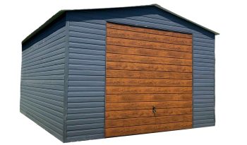 Blechgarage   5x5m - Schwingtor -  Anthrazit + Holzoptik - | GP87 |