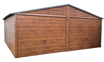 Blechgarage 6x5m Horizontal Blech -  Holzoptik - 2x Schwingtor - Dunkles Walnussholz ID78