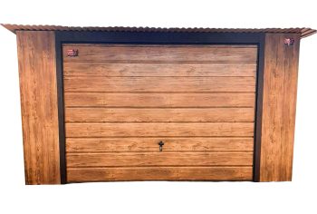 Blechgarage 4x7m Schwingtor - Helles Walnussholz - Holzoptik - Flachdach | GP113 |