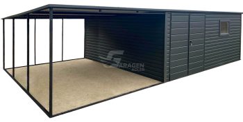 Garaż Blaszany 5x4m + Wiata 4m - Brama dwuskrzydłowa - Okno - Antracyt - dach spad w tył GP665
