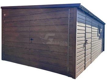 Garaż blaszany 3,5x5m - brama dwuskrzydłowa - drzwi - okno - ciemny orzech - drewnopodobny - dach spad w bok TS1187