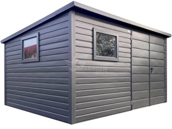 Schowek - domek ogrodowy 4x3 m - brama dwuskrzydłowa - 2 x okno - antracyt - dach spad do tyłu - rynna TS1190